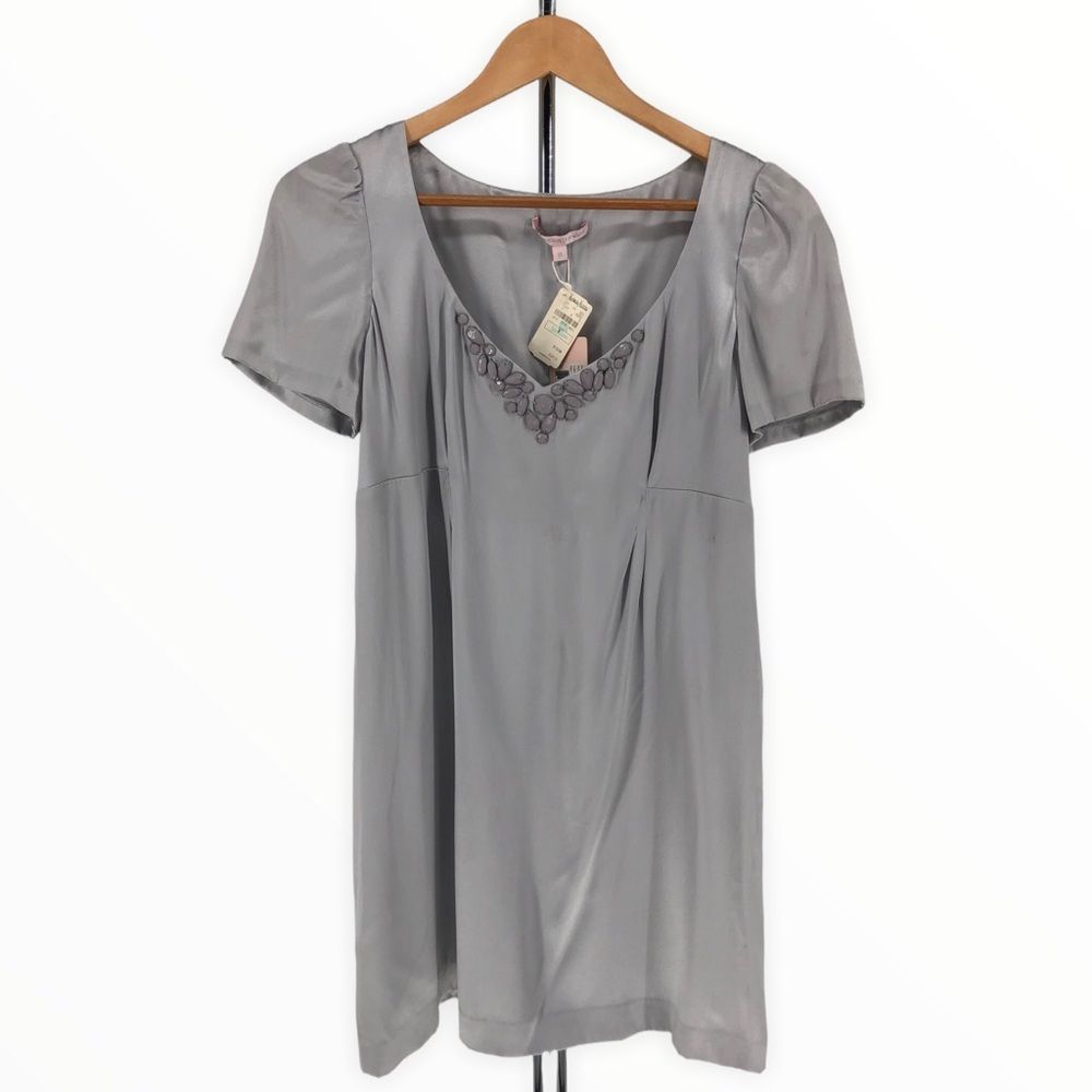 Rebecca Taylor Grey Silk Embellished Beaded Bib Collar Y2K Mini Dress